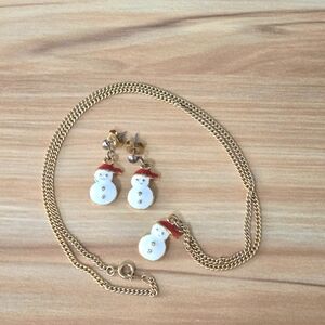 Snowman Necklace Goldtone and Enamel 20" with Matching Post Earrings Holiday Set